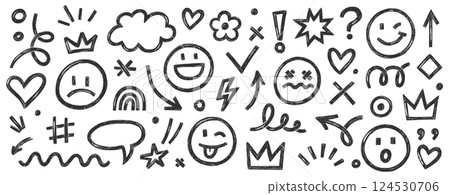 Smile brush hand drawn vector element set. Emoji fun face, heart, crown symbol crayon texture marker background kid sketch style hand drawn element. Color smiley face, arrow. Vector Smile brush hand drawn vector element set. Emoji fun face, heart, crown symbol crayon texture marker background kid sketch style hand drawn element. Color smiley face, arrow. Vector 124530706