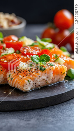 Grilled salmon with cherry tomatoes and herbs on plate Grilled salmon with cherry tomatoes and herbs on plate 124530779