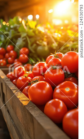 Fresh tomatoes in wooden crate at vibrant farmers market Fresh tomatoes in wooden crate at vibrant farmers market 124530793