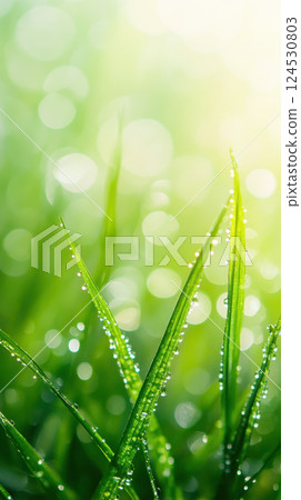 Dewdrops on grass blades in foggy spring morning create serene scene Dewdrops on grass blades in foggy spring morning create serene scene 124530803