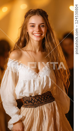 young woman in traditional attire smiles warmly at festive gathering young woman in traditional attire smiles warmly at festive gathering 124530804