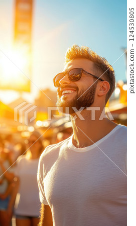 man in sunglasses smiles at sunny outdoor festival man in sunglasses smiles at sunny outdoor festival 124530805