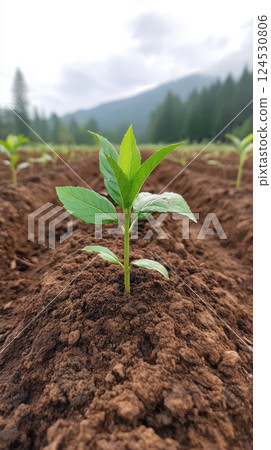 Young trees growing in replanted forest, showing fresh green leaves Young trees growing in replanted forest, showing fresh green leaves 124530806