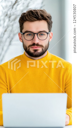 person in yellow sweater works on laptop in bright space person in yellow sweater works on laptop in bright space 124530807