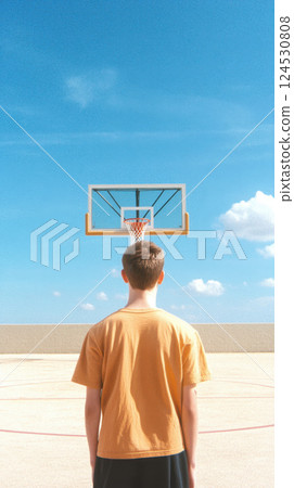 person stands on sunny basketball court looking at hoop 124530808