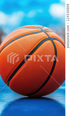 basketball rests on vibrant blue court, ready for game basketball rests on vibrant blue court, ready for game 124530809