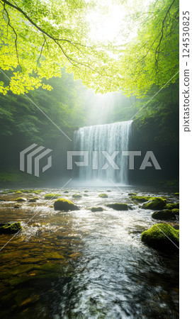 hidden waterfall cascades in lush rainforest, surrounded by vibrant green foliage hidden waterfall cascades in lush rainforest, surrounded by vibrant green foliage 124530825