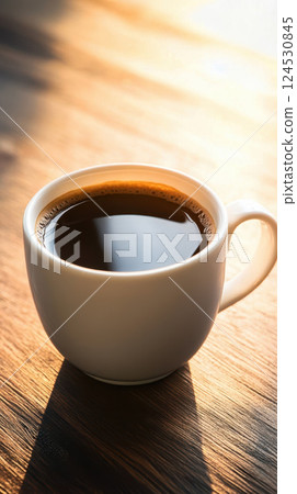 warm cup of coffee sits on wooden table in morning light warm cup of coffee sits on wooden table in morning light 124530845
