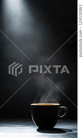 steaming coffee cup under dramatic spotlight in dark setting 124530861