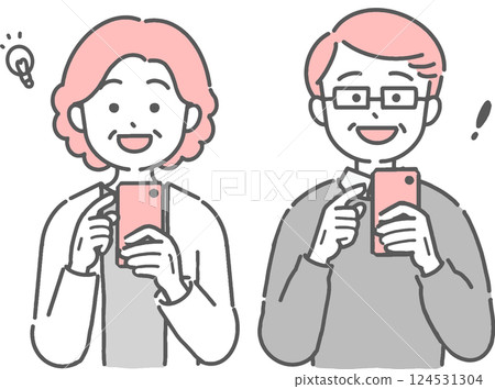 Illustration of a smiling senior man and woman operating a smartphone Illustration of a smiling senior man and woman operating a smartphone 124531304