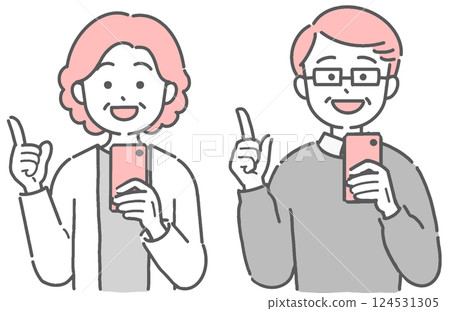 一位老年男士和一位女士操作智慧型手機並指點的插圖 124531305