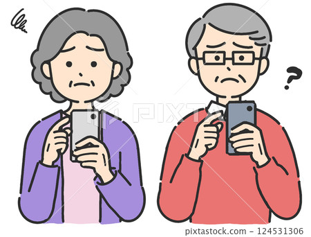 操作智慧型手機時感到焦慮的老年男性和女性的範例 124531306