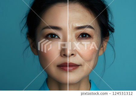 皮膚老化前後的比較。美容護膚療程前後的合成照片 124531312