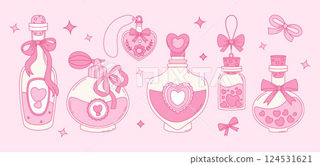 Vintage Coquette Pink Magic Bottles and Perfume with Ribbon Bow set. Romantic Girly Vibe. Vector illustration. Isolated Trendy Aesthetic beauty accessories and cosmetics in glass bottles with cork 124531621