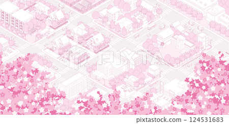 春季城市景觀插圖，櫻花盛開。 124531683