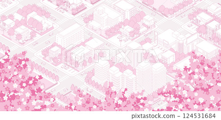 春季城市景觀插圖,櫻花盛開。 春季城市景觀插圖,櫻花盛開。 124531684