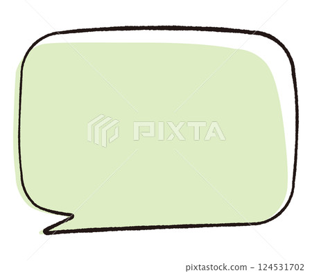 A simple speech bubble with a hand-drawn line drawing style. Square, horizontal, rounded corners, flowing tail, left. Stylish colors. 124531702