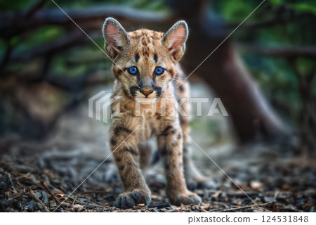 Portrait of a baby cougar exploring its natural habitat in the wild, showcasing vibrant blue eyes and playful demeanor 124531848