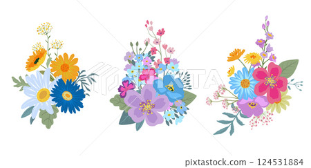 Collection of three vector bouquets of colorful wildflowers. Elegant floral compositions with forget-me-nots, chamomile, daisies. Collection of three vector bouquets of colorful wildflowers. Elegant floral compositions with forget-me-nots, chamomile, daisies. 124531884