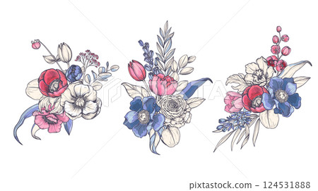 Set of vector compositions of spring flowers, leaves and branches. Different flowers, tulips, anemones and other plants in beautiful bouquets. Set of vector compositions of spring flowers, leaves and branches. Different flowers, tulips, anemones and other plants in beautiful bouquets. 124531888