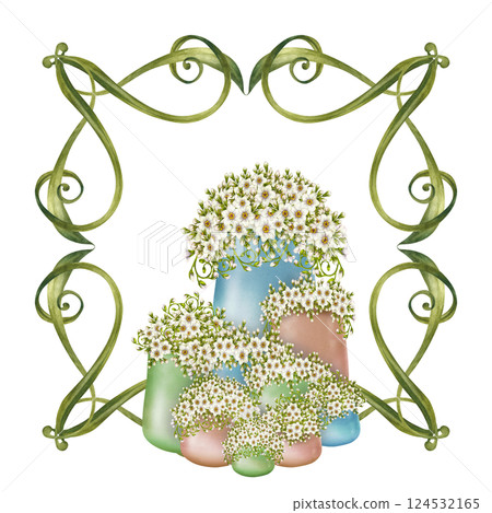 Delicate hand drawn botanical floral illustration with white flowers in pastel vases, framed with green vignettes, flowers. Perfect watercolor clip art for invitation, greeting card, decorative design 124532165