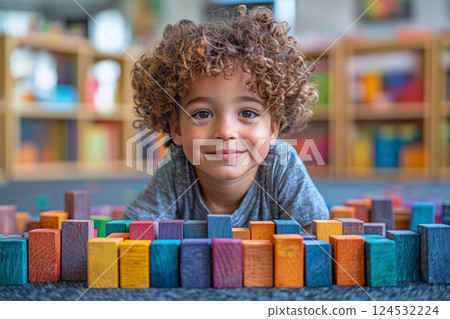 A boy lying on the floor playing with wooden blocks 124532224
