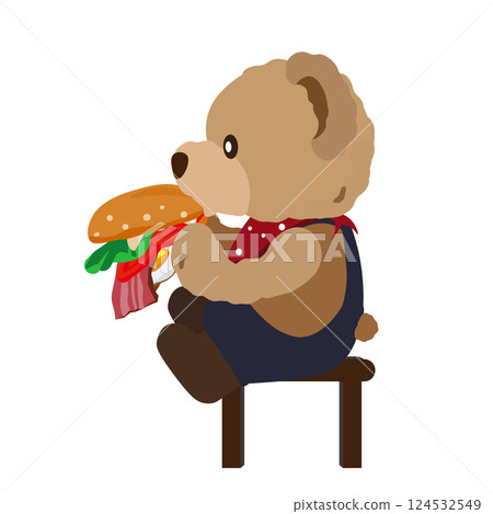 一隻泰迪熊正在吃培根蛋漢堡的插圖 124532549