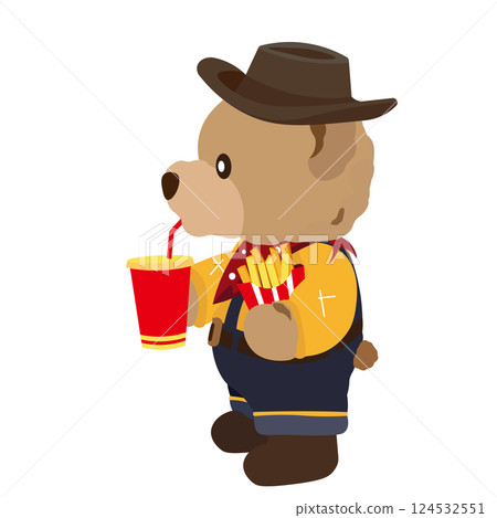 一隻泰迪熊拿著馬鈴薯喝果汁的插圖 124532551
