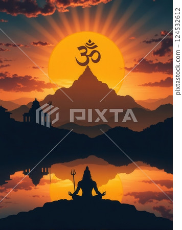 Hindu spiritual background featuring a temple, Om symbol, and Lord Shiva meditating 124532612