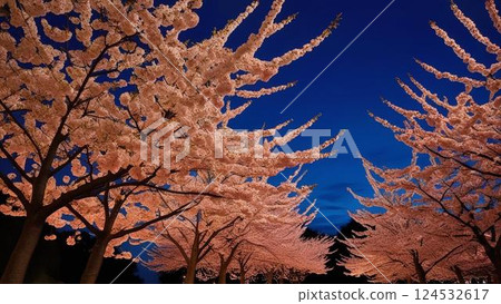 Cherry trees in full bloom are lit up 124532617