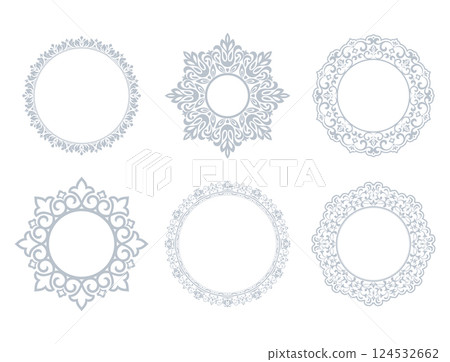 Set of decorative frames Elegant vector element for design in Eastern style, place for text. Floral gray and white borders. Lace illustration for invitations and greeting cards 124532662
