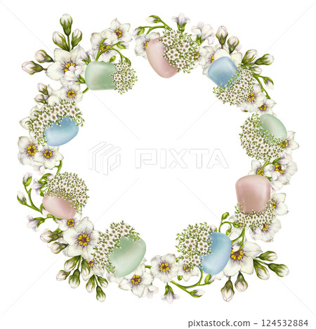 Floral wreath of botanical floral illustration with white flowers in pastel vases, framed with green vignettes, flowers. Perfect watercolor clip art for invitations, greeting cards, decorative designs Floral wreath of botanical floral illustration with white flowers in pastel vases, framed with green vignettes, flowers. Perfect watercolor clip art for invitations, greeting cards, decorative designs 124532884