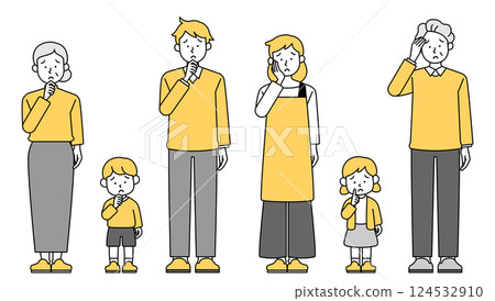 Full body vector illustration set of a worried three-generation family Elderly couple Three generations Two generations Questions Questions 124532910