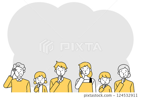 Worried three-generation family frame vector illustration Elderly couple Three generations Two generations Questions Questions 124532911