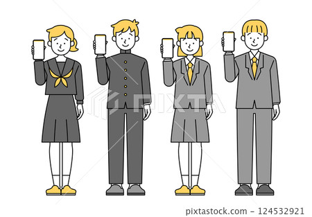 向量插圖組學生拿著智慧型手機高中生國中生智慧型手機智慧型手機校服兒童 124532921