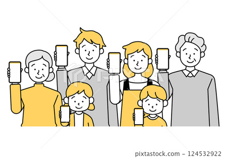 Vector illustration of a three-generation family with a smartphone, smartphone, mother, father, child, grandfather, parents Vector illustration of a three-generation family with a smartphone, smartphone, mother, father, child, grandfather, parents 124532922
