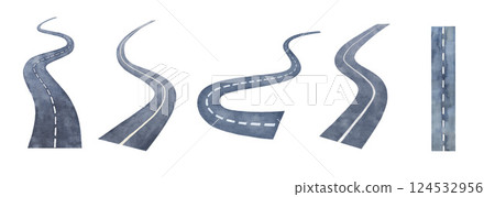 Watercolor street road, clipart, highway hand drawn illustrations set on white background 124532956