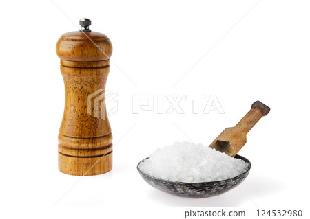 Salt and pepper presentation with wooden grinder and bowl on a clean white background Salt and pepper presentation with wooden grinder and bowl on a clean white background 124532980