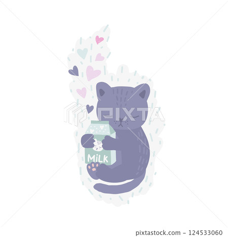 Happy pet cat is hugging a milk carton in a hand drawn cartoon illustration 124533060