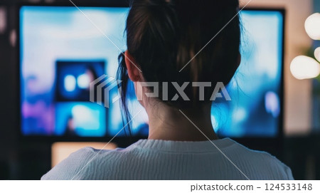 一個人看著電腦顯示器 一個人看著電腦顯示器 124533148