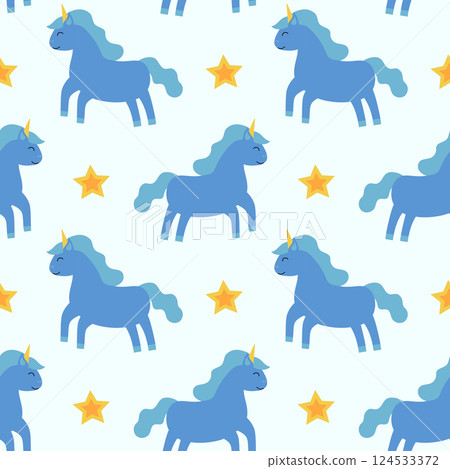 Seamless Pattern, Blue Unicorn with stars. Children Vector Flat Illustration. 124533372