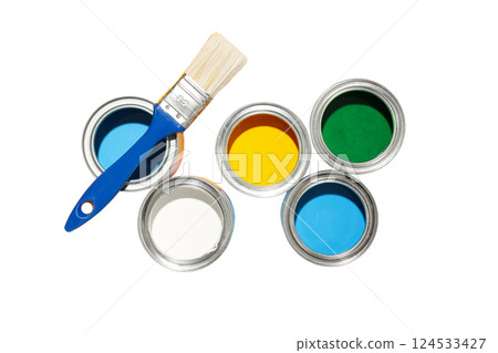 Paint cans and brush isolated on white, PNG Paint cans and brush isolated on white, PNG 124533427