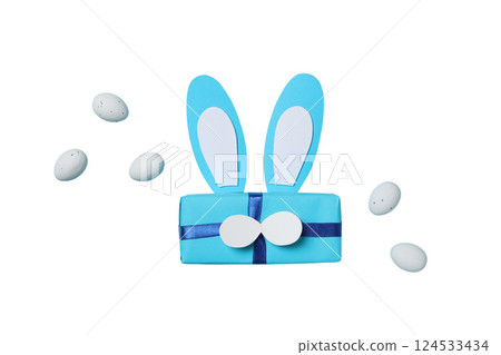 Easter, Bunny ear gift box with eggs, isolated on white, PNG 124533434