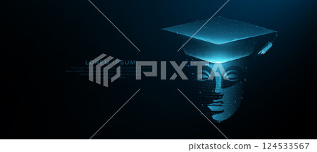 Futuristic AI Face Wearing Graduation Cap. Digital Education Concept Futuristic AI Face Wearing Graduation Cap. Digital Education Concept 124533567