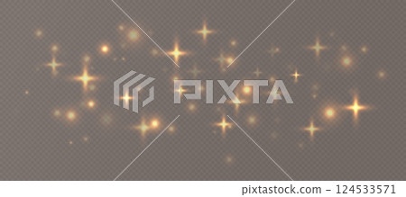 Golden sparkling stars, shiny particles light effect, transparent flying stardust texture 124533571