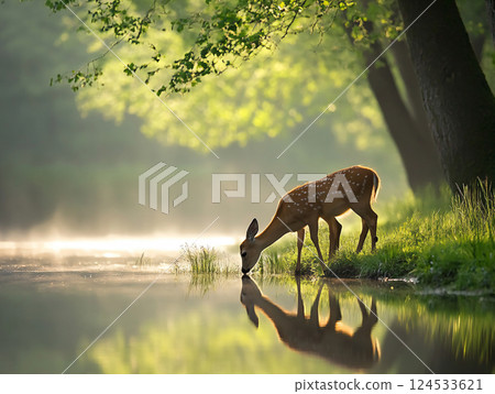 Deers in the forest. Deer in a green forest with a lake. AI Generated. Deers in the forest. Deer in a green forest with a lake. AI Generated. 124533621