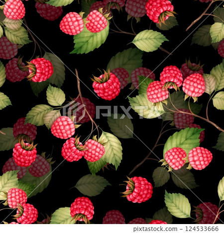 Raspberry seamless pattern with berries and leaves on black background, hand-drawn botanical illustration. Raspberry seamless pattern with berries and leaves on black background, hand-drawn botanical illustration. 124533666