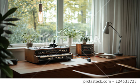 Items for recording podcast in cozy home studio. AI Generated. 124533725