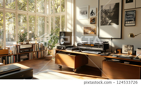 Set of audio equipment, record players, amplifiers. AI Generated. 124533726