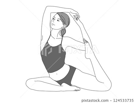Illustration of a Japanese woman doing yoga pigeon pose, full body, front, monochrome Illustration of a Japanese woman doing yoga pigeon pose, full body, front, monochrome 124533735